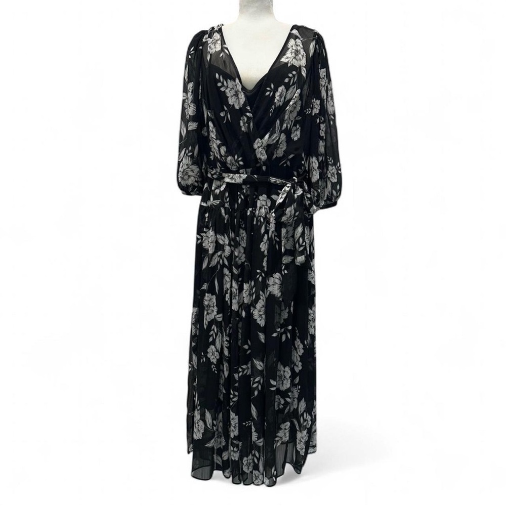 Calvin Klein Printed Faux-Wrap Elegant Black and White Maxi Dress 14W